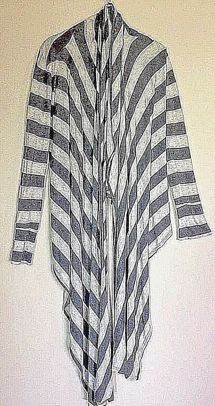PRESS CANADA Long Striped Wrap Waterfall Cotton Cardigan Duster Grey White S